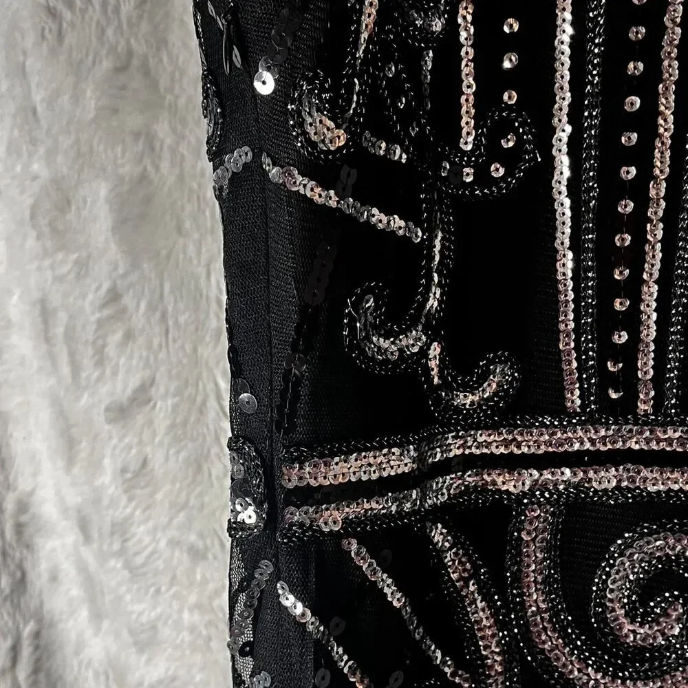 UNBRANDED Black & silver beaded midi dress with fringe hem - Picture 6 of 8